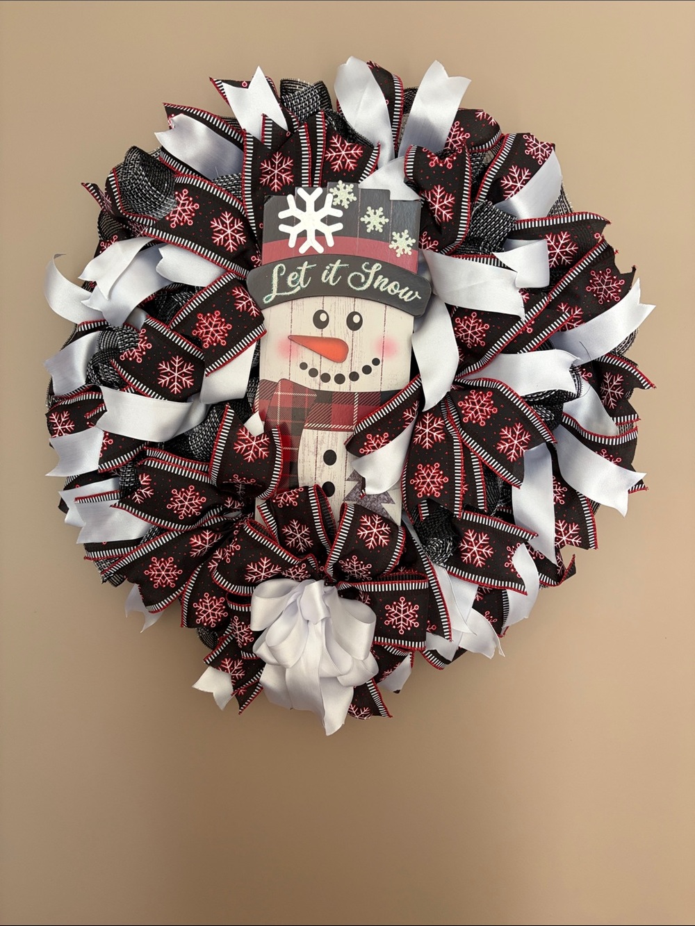 Let It Snow Snowman Wreath - Black, Red & White Holiday Door Decor